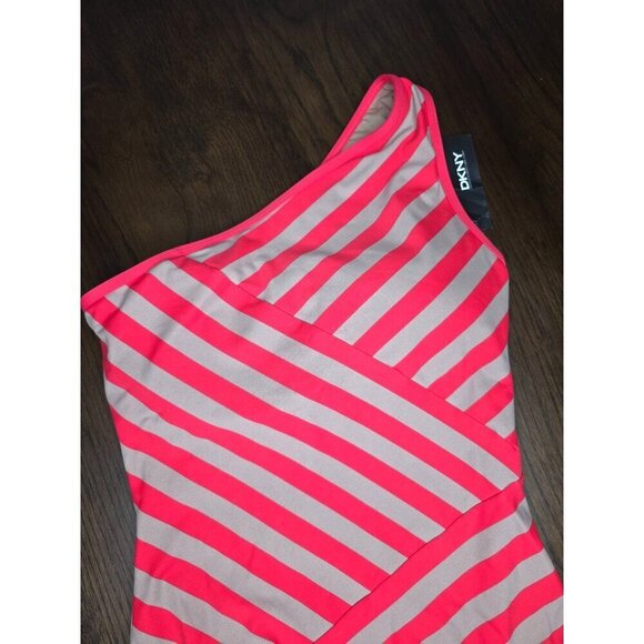 DKNY One-Shoulder Coral & Beige Striped Swimsuit Size 10 Nylon/Spandex - Picture 4 of 12